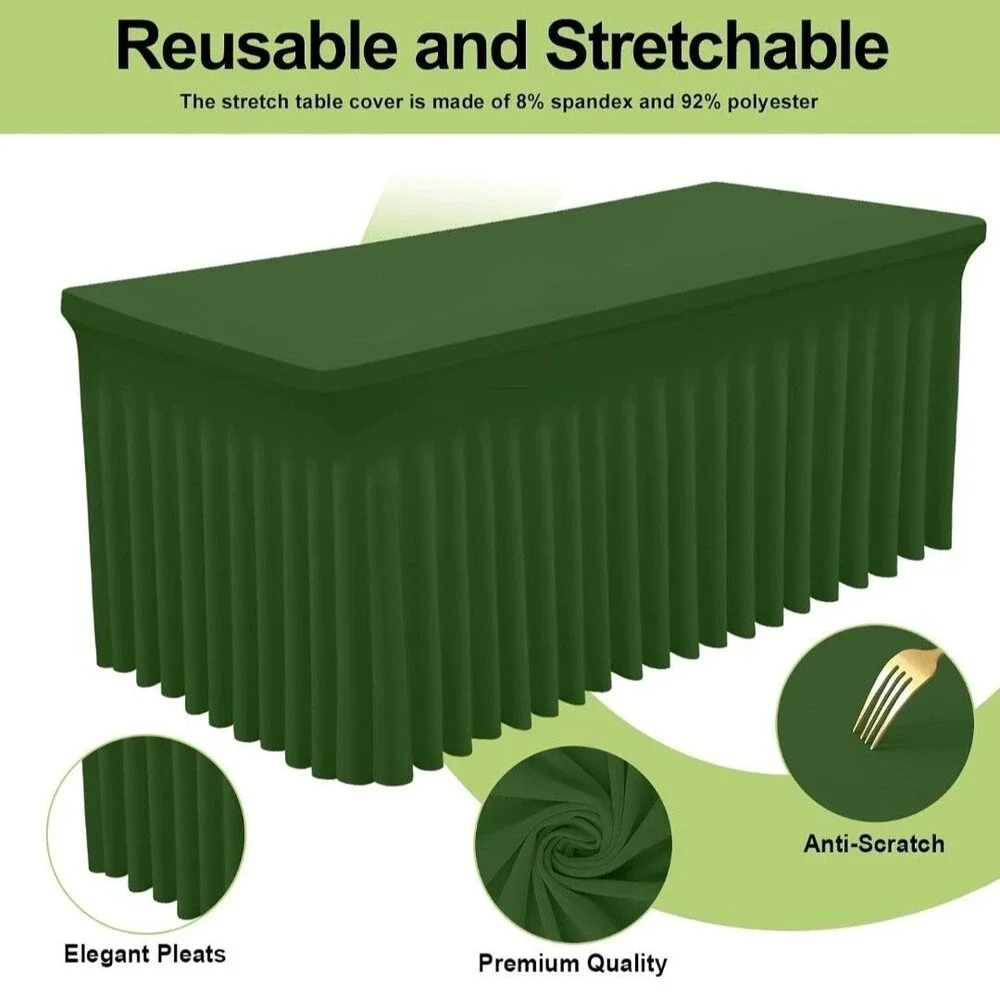 Olive Green Spandex Stretchy Tablecloth For 6ft Rectangular Table With Ruffles